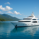 A luxury yacht anchored in calm blue waters with mountains in the background