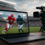 A laptop displaying a game with two football players in action, set against a stadium backdrop
