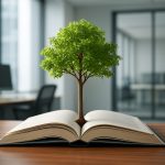 A small tree growing from an open book on a wooden desk in an office setting, symbolizing growth and development.